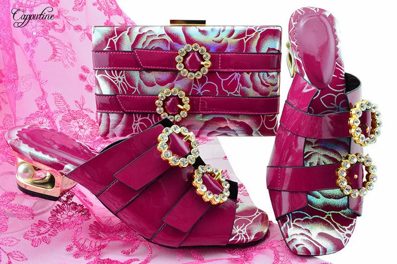 

Nice fuchsia slipper shoes and purse bag set with stones for wedding/party MM1064 heel height 5cm