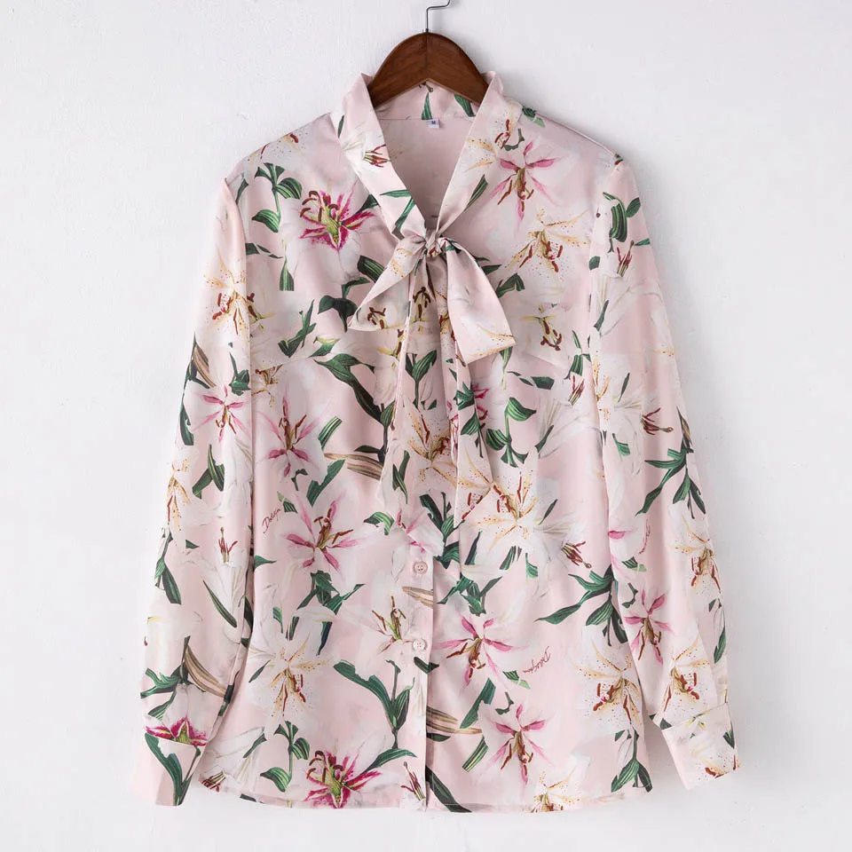 Pink AELESEEN High Street Lily с принтом топы женские Осень Новая мода галстук-бабочка Европейская Офисная женская элегантная Цветочная блузка - Color: Pink