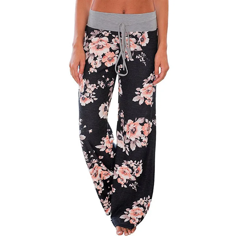 

Women Loose Floral Print 2018 Wide Leg Pants Loose Mid Waist Straight Trousers Long Female Trousers Fashion Sweatpants Bottoms
