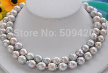 

Free shipping >>@ +>2row 12mm gray almost round Edison PEARL NECKLACE