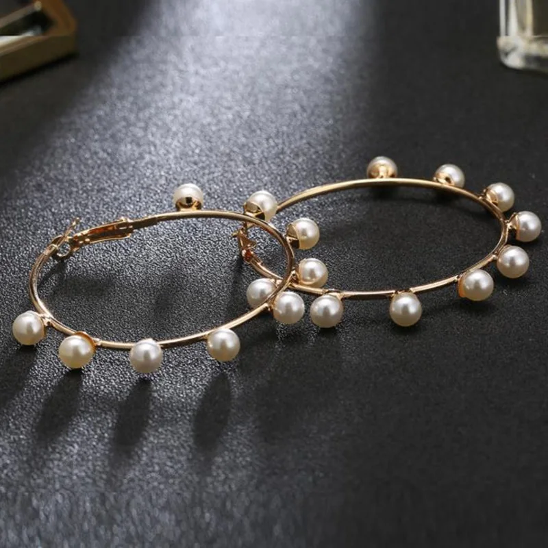 

Exaggerated Metal Fashion Imitation Pearl Earrings Gifts Hoop Earrings Gold colors Big Circle Earrings for Women