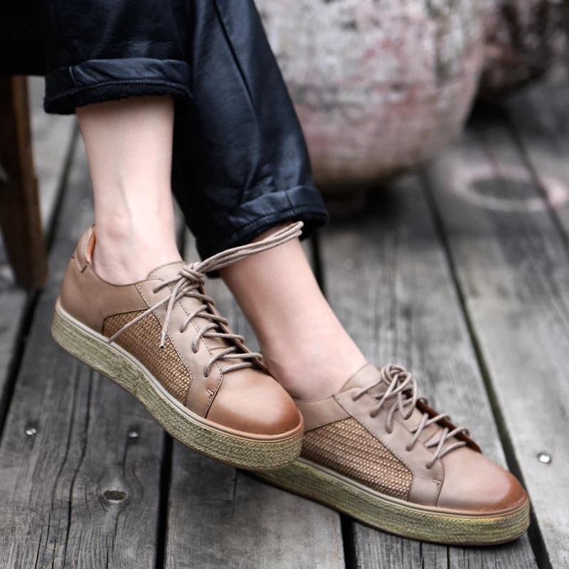 Lace Appartements Geniune Casual Marron Artmu Vulcaniser Chaussures Main Up Cuir Femmes kaki Nouvelle forme À De Femme La Plate En Confortables YOXqwtA