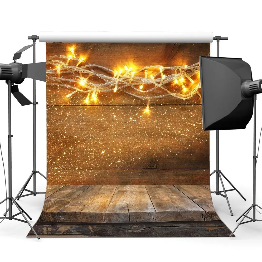 

Photography Backdrop Christmas String Lights Vintage Stripes Wood Floor Xmas Backdrops
