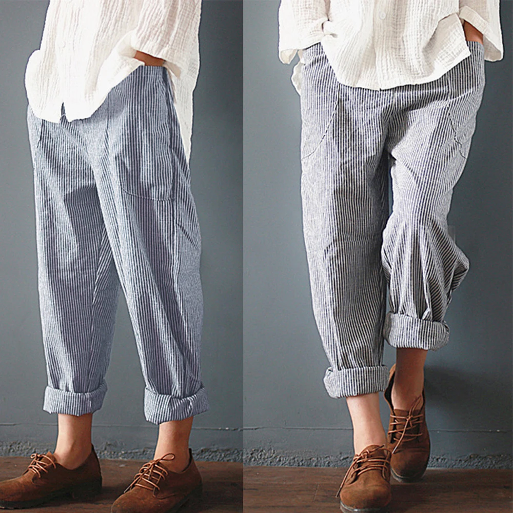 

5XL Pluse Size Women's Pants Loose Casual Elastic Waist Striped Pencil Pants Trousers Spring Cotton Linen Female Wide Leg Pants