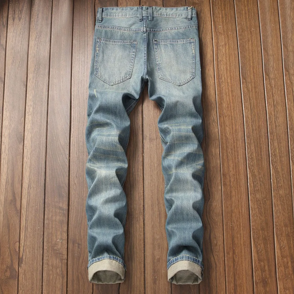 2019 Новая мужская дыра прямые узкие джинсы кнопка ностальгическая мужская одежда польщенная без эластичных джинсы большого размера брюки