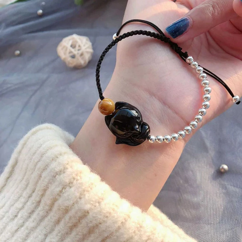 Natural Obsidian Romantic Fox Bracelet Jewelry Copper Black Fox Bracelet Female Natural Stone Adjustable Rope Beads For Bracelet