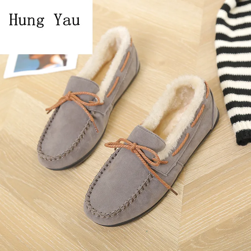 

Women Flat Shoes Winter Warm Loafers Shallow Slip On Fashion Butterfly-knot Round Toe Platform Comfortable Snow Casual