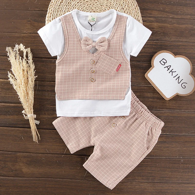 

2018 Summer Cartoon The boy Vest Suit Short sleeve Two trend Korean version Fashion shorts Plaid handsome Comfortable Refreshing