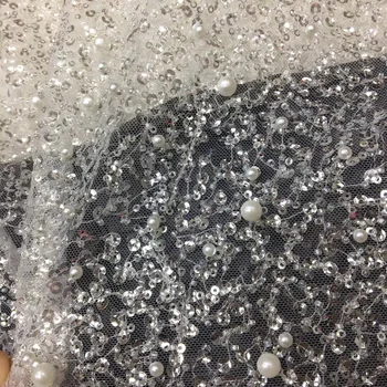 

(5 yards /lot) high quality African French net lace wedding lace fabric with lots of glass beads and sequins and pearls SQXS02