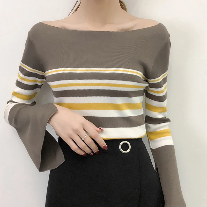Shintimes Flare Sleeve Sweater Women Striped Womens Winter Fashion 2018 New Korean Woman Sweater Knitting Pullovers Sueter Mujer