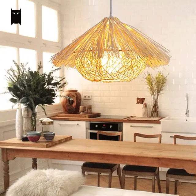 Natural Wicker Rattan Nest Pendant Light Fixture Rustic Asian Natural Wicker Rattan Nest Pendant Light Fixture Rustic Asian Japanese Art Style Hanging Lamp Luminaria Indoor