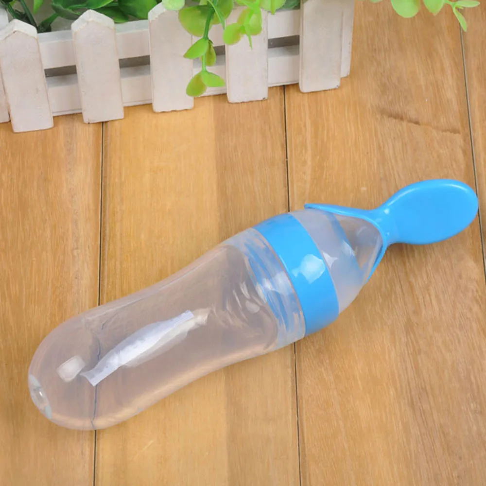 Силиконовая детская бутылочка для кормления с ложкой, пищевая добавка, рисовая бутылочка для каши, Детская выдавливающая ложка, силикагелевая ложка BB0065 - Цвет: BLUE