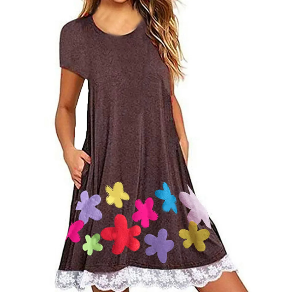2019 women's summer short-sleeved lace beach dress plus size stitching print casual beach dress long sports dress cover up 40J6 (5)