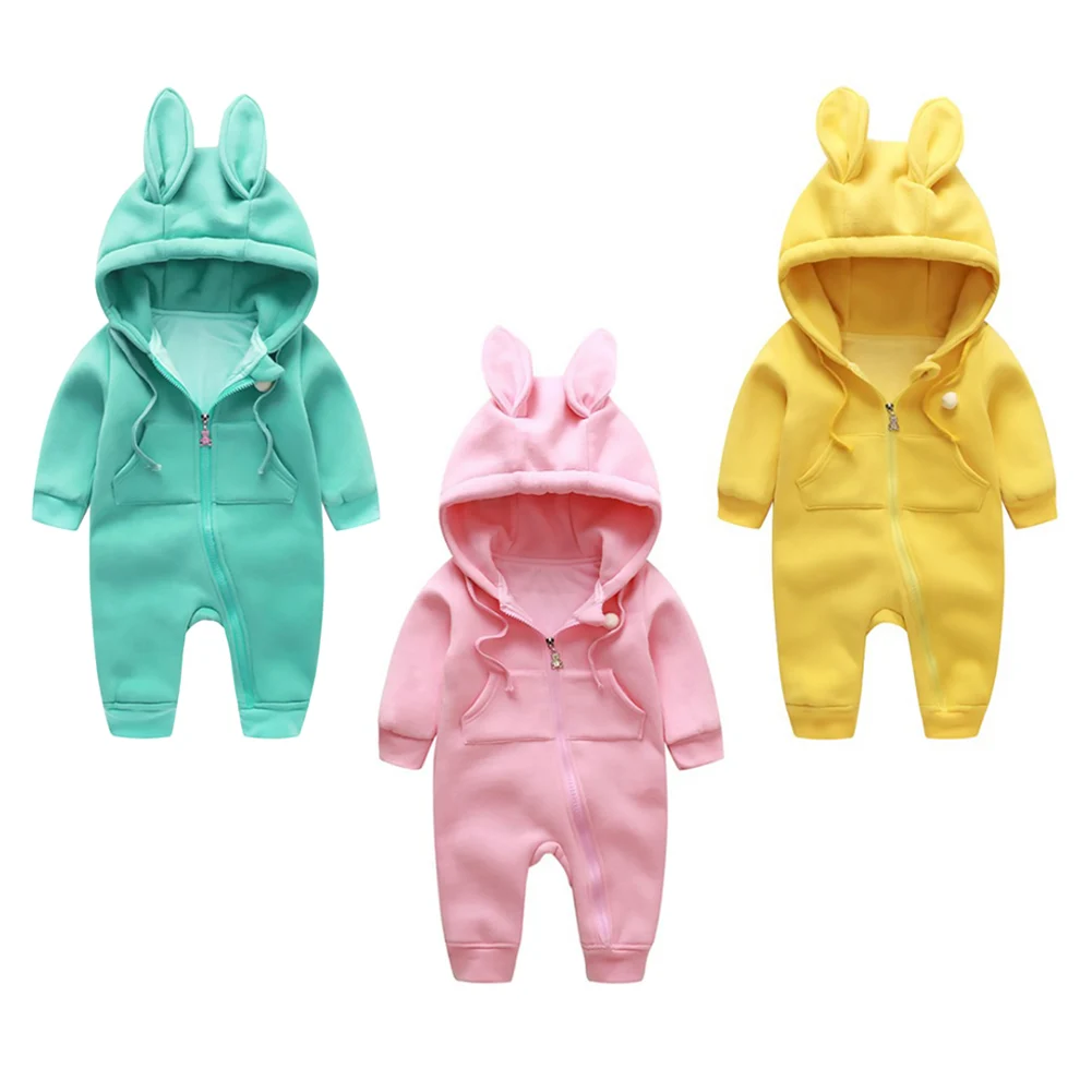 Весенне-осенний Детский свитер; хлопковые брюки с длинными ушками и кроликом для новорожденных; комбинезон на молнии с капюшоном для малышей