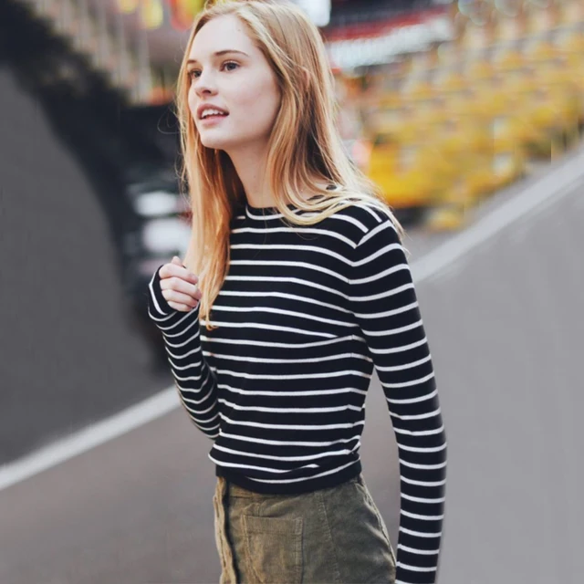 Brand Style Women Black And White Striped Long Sleeve Shirt Short