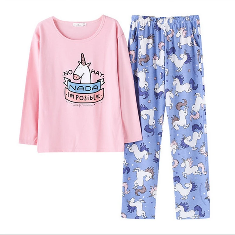 

2 Pieces Set arrival Autumn kawaii Pajama suit Girls Student Women Cartoon lovely hourse animal T-Shirts full length Pajama sets