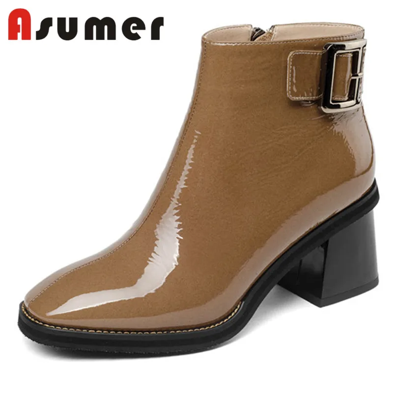 

ASUMER HOT SALE 2020 solid square toe ankle boots for women fashion metal buckle shallow boots zip daily genuine leather boots