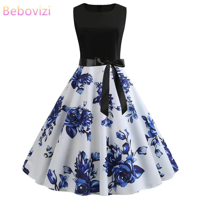

Bebovizi Women New 2019 Summer Black Patchwork Flower Prin Vintage Sexy Bandage Dress Casual Elegant Plus Size White Dresses