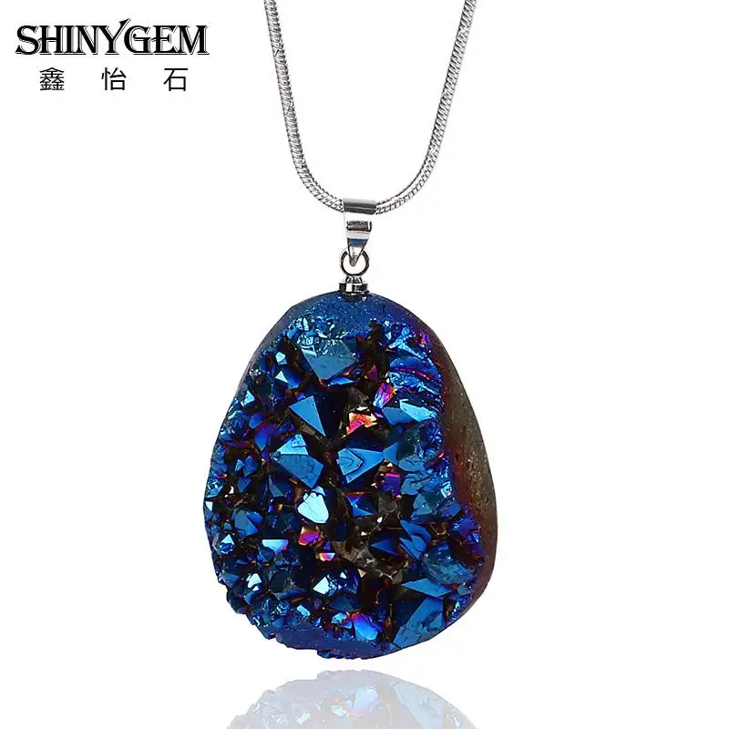 SHINYGEM модное ожерелье из природных кристаллов многоцветное ожерелье с кулоном из натурального Друза с искусственным кварцем для женщин - Окраска металла: Blue