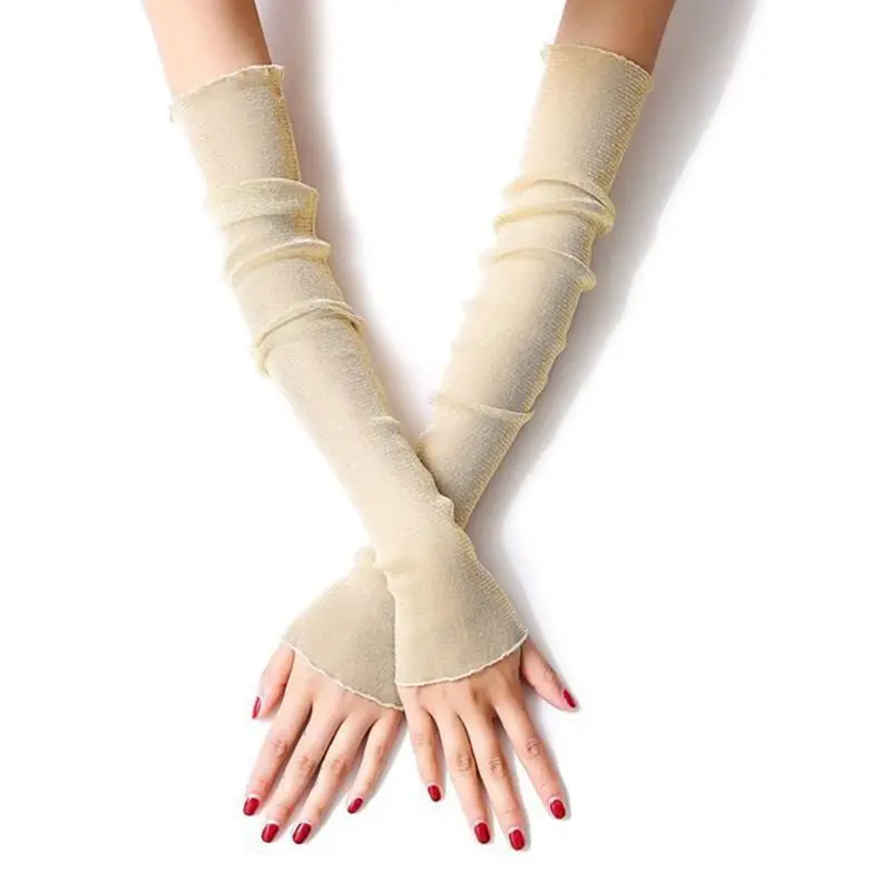 Женские ультра-тонкие блестящие сетчатые длинные кружевные перчатки с металлическим отливом, однотонные, для рук с защитой от