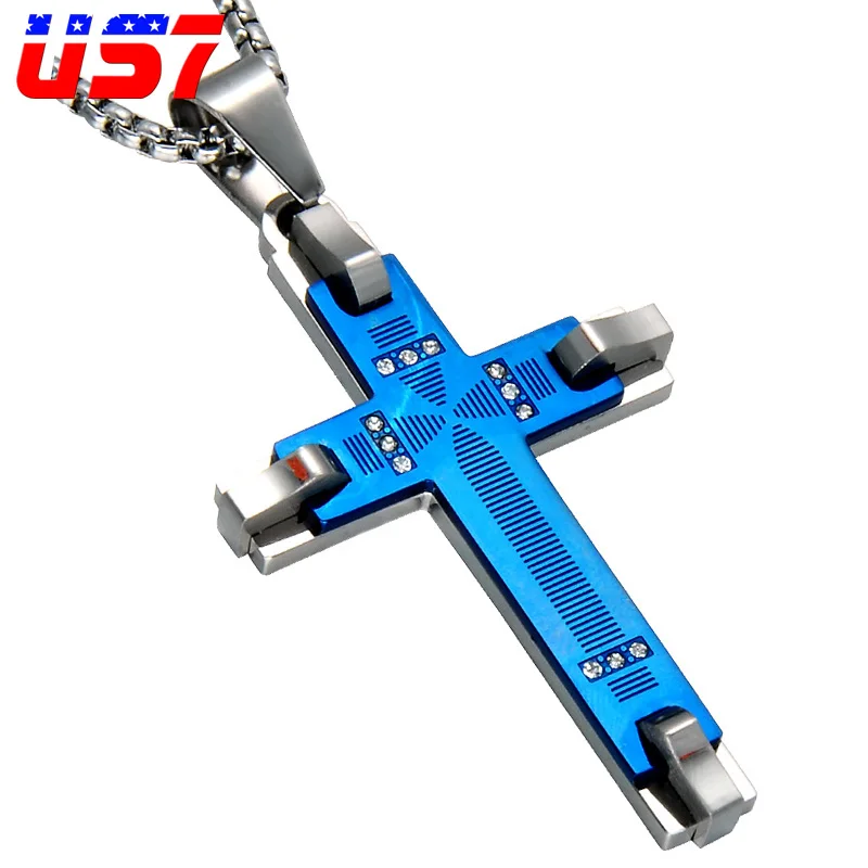 

US7 Trendy Gold Color Christian Cross Men Pendant & Necklace Double layer Crucifix Stainless Steel Titanium Necklaces Jewelry