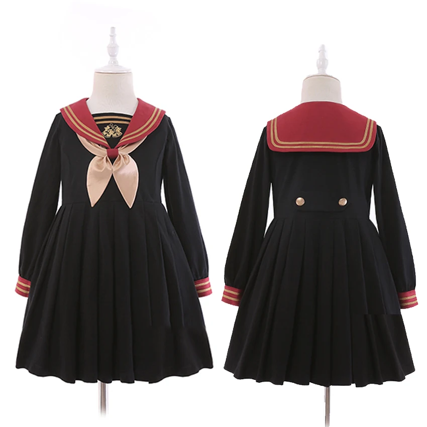 

Cute Preppy Style Christmas Bell Embroidery Women's Japanese JK Uniform Style Sailor Dress Pleated Long Sleeve with BowKnot Tie