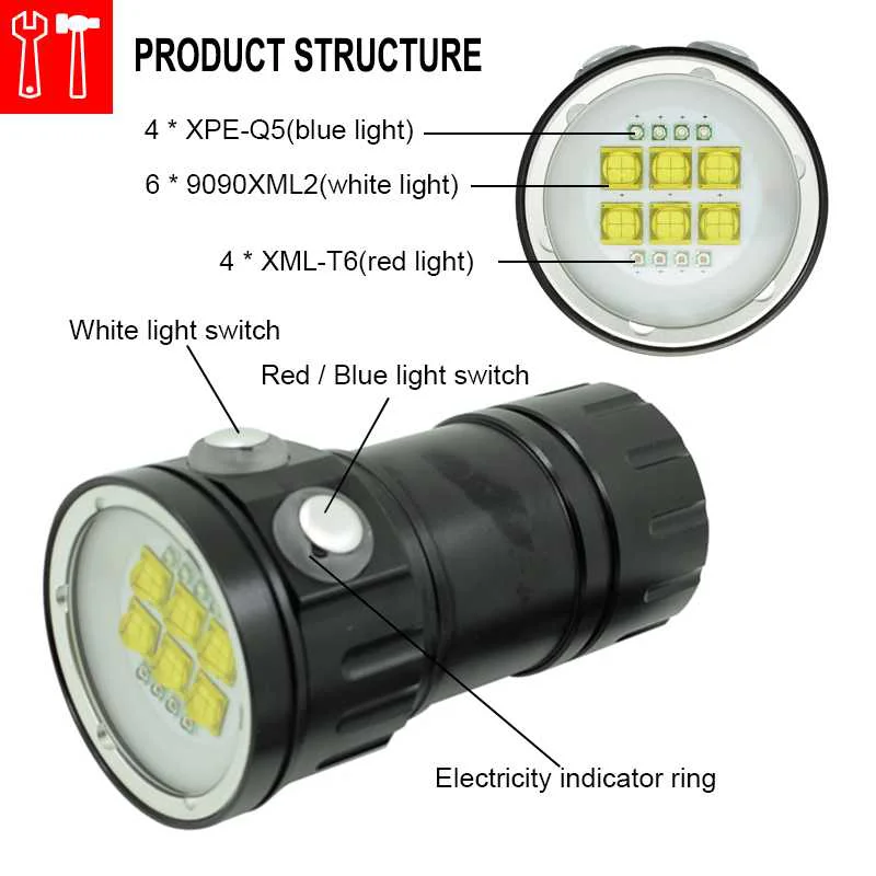 Подводный Видео светильник, светодиодный фонарь для дайвинга, водонепроницаемый, 7 режимов, лампа для фотосъемки, светильник-вспышка для подводного плавания, фонарь с аккумулятором 18650+ зарядное устройство