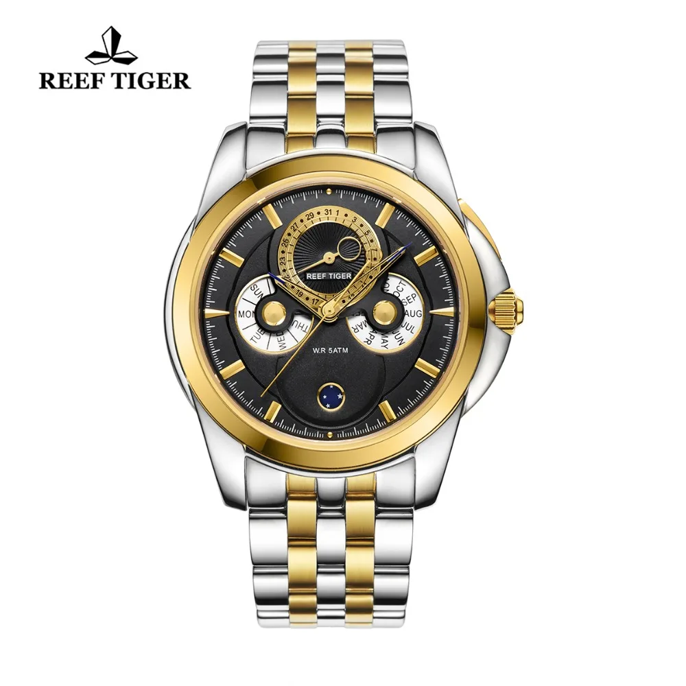 Модные часы Reef Tiger/RT с датой календарем фазой Луны двухцветные желтого золота