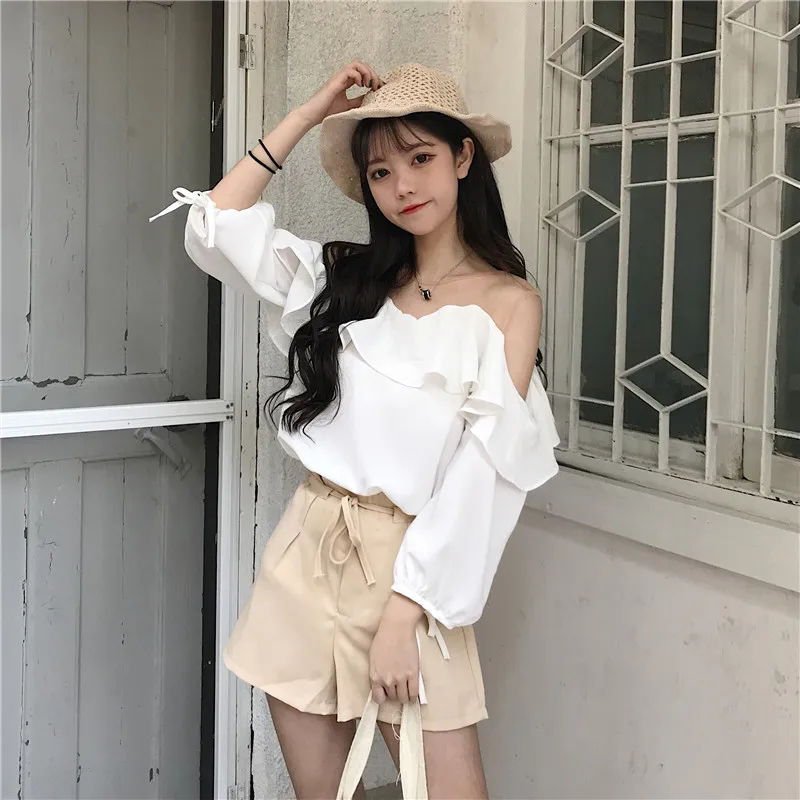 Сладкий фонари sleeveWomen для Костюмы шифоновые летние блузки рубашки с оголенными