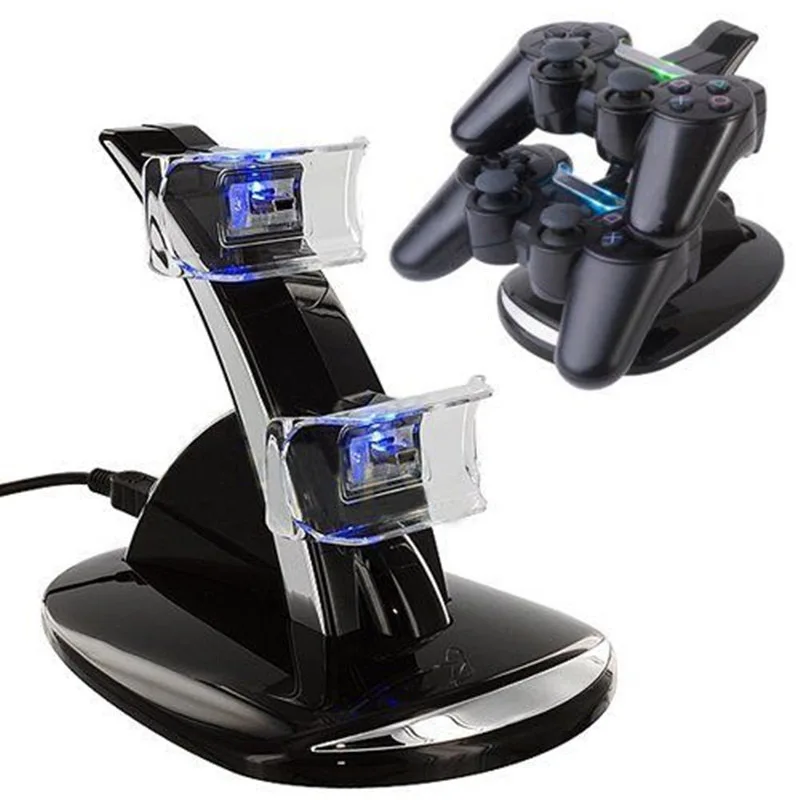Blue Light Dual Double 2 USB Charger Charging Station Dock Stand Crystal Base For PlayStation 3