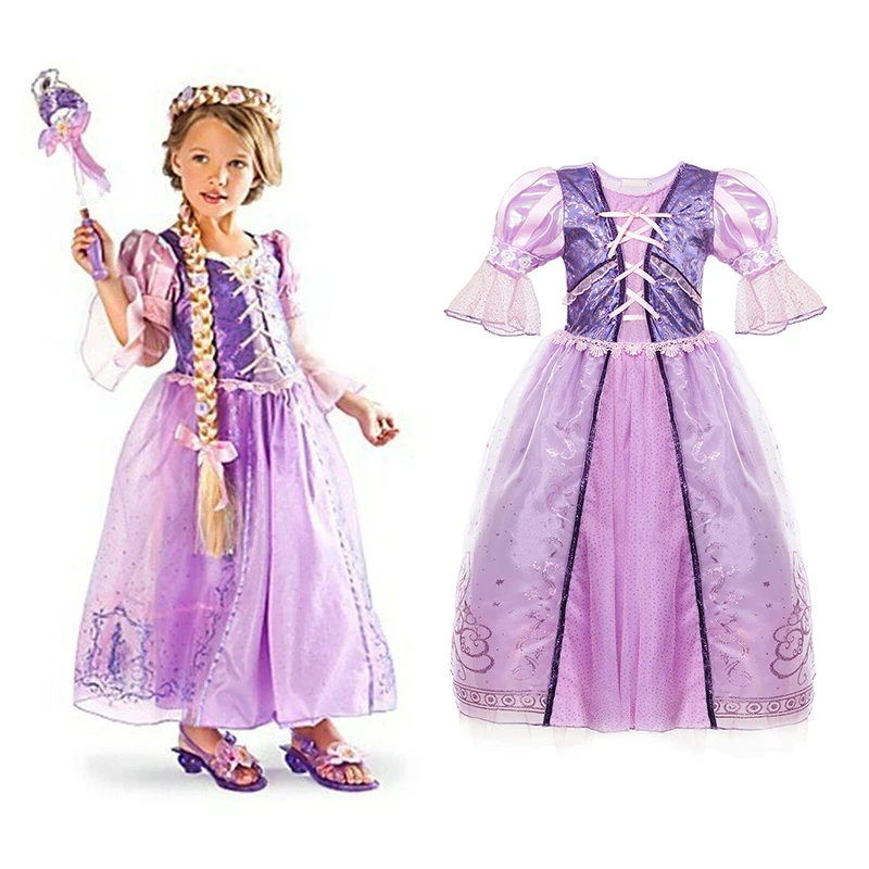 Little Girls Rapunzl Dress Children Fantasy Cosplay Costume with Ribbons Kids Halloween Party Clothes Princess Purple | Детская одежда