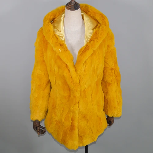 Длинная стильная настоящая куртка с мехом кролика Рекс, женская шуба из кролика Рекс, для девочек, повседневная, настоящая, натуральная, мех кролика Рекс, верхняя одежда с капюшоном - Цвет: yellow
