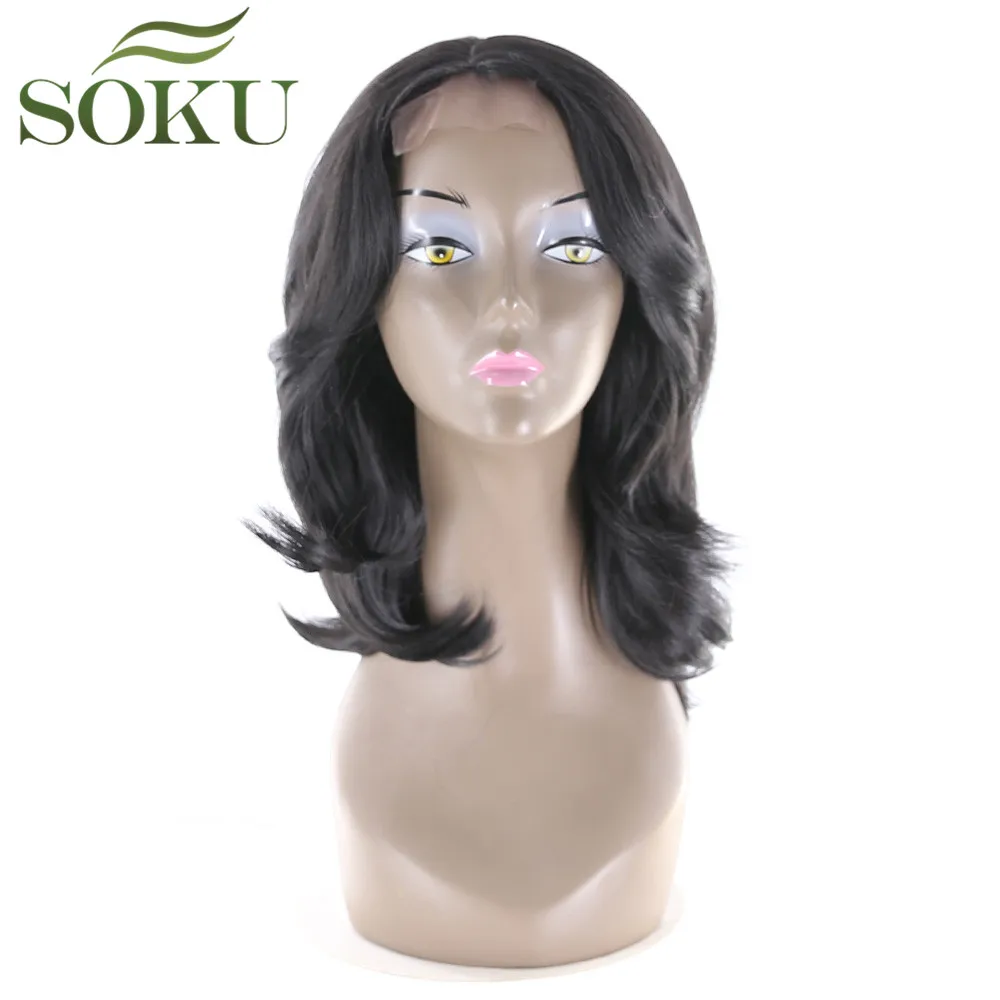 

SOKU Natural Black Synthetic Wigs With A Little Lace Heat Resistant Fiber Straight Hair Wigs Side Part Short Wigs For Women