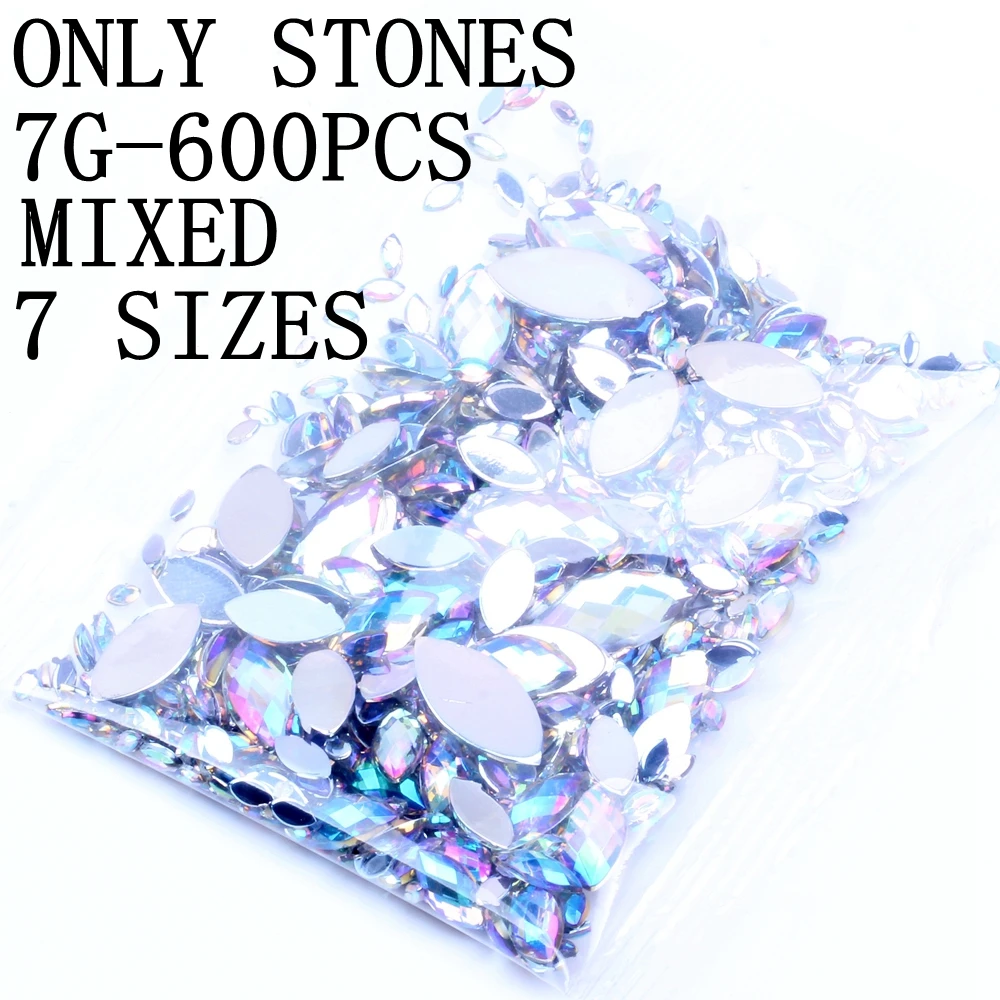 7G 600PCS 7 Sizes Acrylic Rhinestones Eye Shape Crystal AB Flat Back Nail Rhinestone 3D Non HotFix Nail Art Decoration DIY Tool Badges Fabric & Sewing Supplies