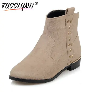 

TASSLYNN 2019 Square Low Heels Ankle Boots Casual Shoes Women Flock Fashion Boots Autumn Shoes Women Round Toe Boots Size 34-43