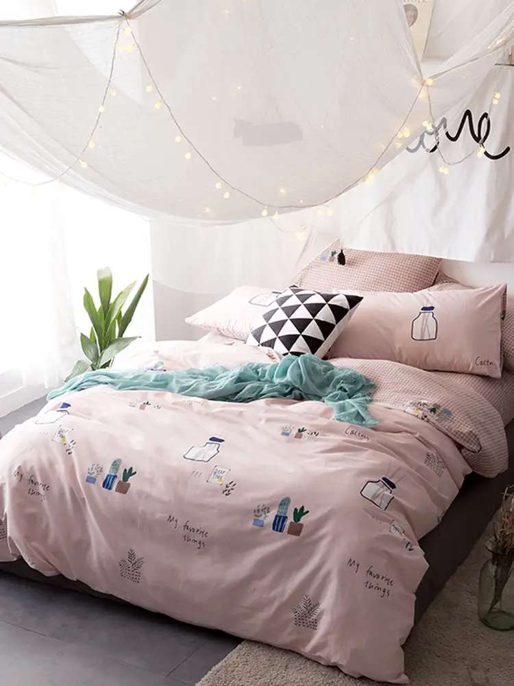 

4Pcs Bedsheet Set Sweet Pink Pure Cotton Comfortable Duvet Cover Set