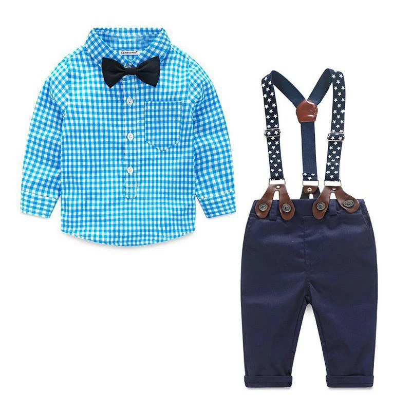 Модная одежда для маленьких мальчиков клетчатая рубашка+ подтяжки для новорожденных, одежда с длинными рукавами для маленьких мальчиков костюм джентльмена с бантом детская одежда