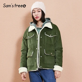 

Samstree Winter Short Coat Berber Fleece Button Female Padded Coats Corduroy Turn-down Collar Harajuku Jackets