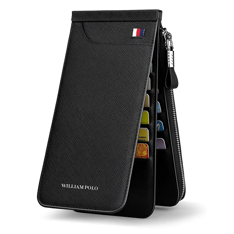 

WILLIAMPOLO New Brand 2018 Ultra-slim Card Holder Men Genuine Leather Zipper Cash Pocket Cross Pattern/Saffiano Snap Fastener