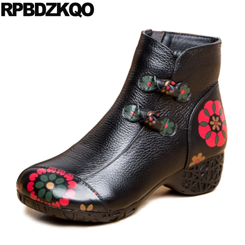 

Winter Women Ankle Boots Medium Heel Thick Flower Printed Chunky Fur Booties High Vintage Round Toe Floral Print Shoes Black