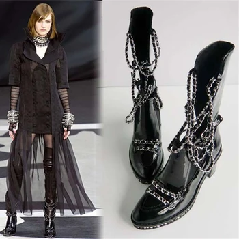 

2020 New Ankle Boots women Metal Chain Decor Chunky Heels Pointed Toe Shoes Women Runway Cut-out Over knee Boot women