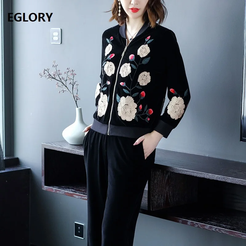 

XXXXL!Top Quality New Fashion Tracksuits Women Floral Embroidery Long Sleeve Jacket Coat+Wide Leg Pants Set Casual Velvet Sets