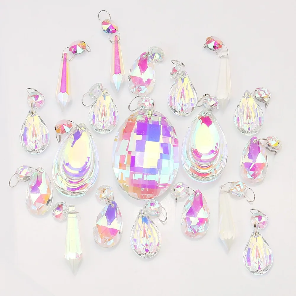 H&D 18pcs Colorful Lamp Prisms Parts with Octagon Bead Chandelier Glass Crystals Hanging Drops Pendants