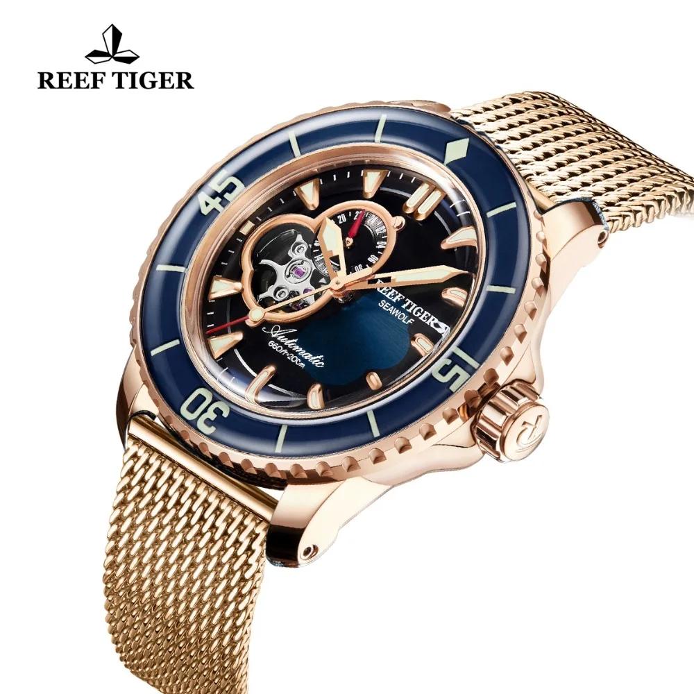 Мужские автоматические спортивные часы Reef Tiger/RT цвета розового золота с