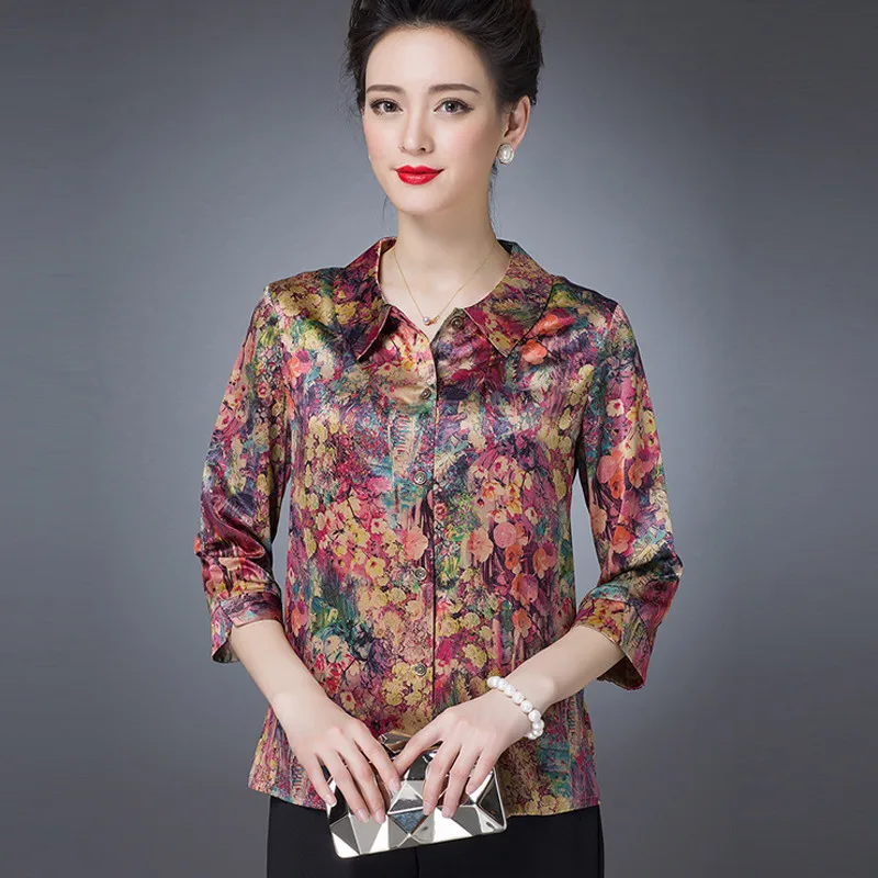 Plus Size Summer Women's Floral Silk Shirt 2019 Three Quarter Sleeve Blouse And Tops Single-Breaste