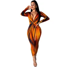 Women Elegant Colorful Print Sexy Sheath Dress Long Sleeve Club Party Dress Casual Deep V Neck Pencil Dress Plus Size S-XXL plus deep v neckline fluted sleeve geo print dress