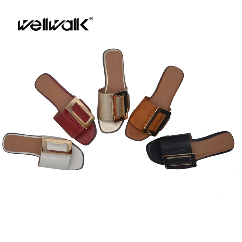 

Metal Buckle Slippers Women Flat Shoes Square Toe Leather PU Ladies Summer Indoor Slides Brand Style Female Sliders Plus Size 41