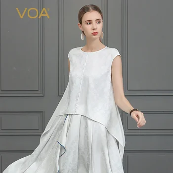 

VOA Silk Jacquard White T Shirt Asymmetric Tee Casual Ladies Tops Summer Women Clothes Short Sleeve Large Size Simple B785