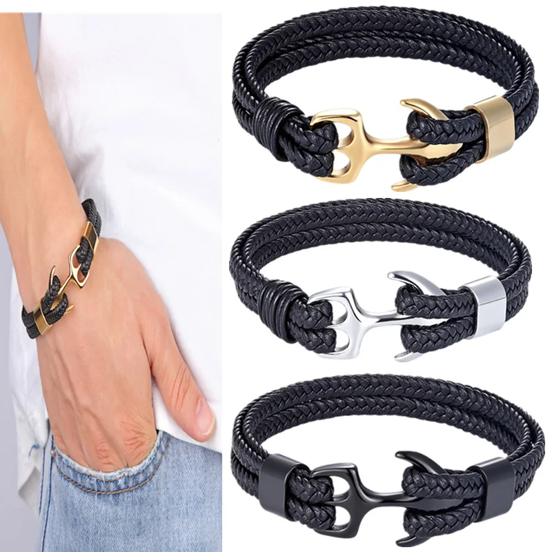 

Tom Hope Fashion Black Gold Silver Color Anchor Bracelets Men Charm Survival Rope Chain Paracord Bracelet Male Wrap Metal Hooks