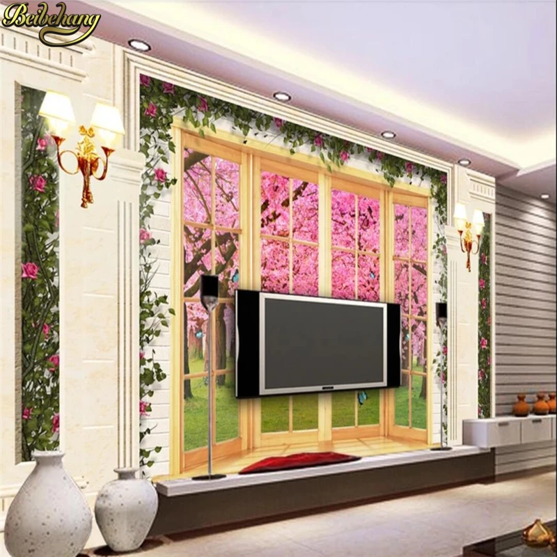 

3d stereoscopic oriental cherry brick murals europe TV backdrop wallpaper living room bedroom murals papel de parede infantil